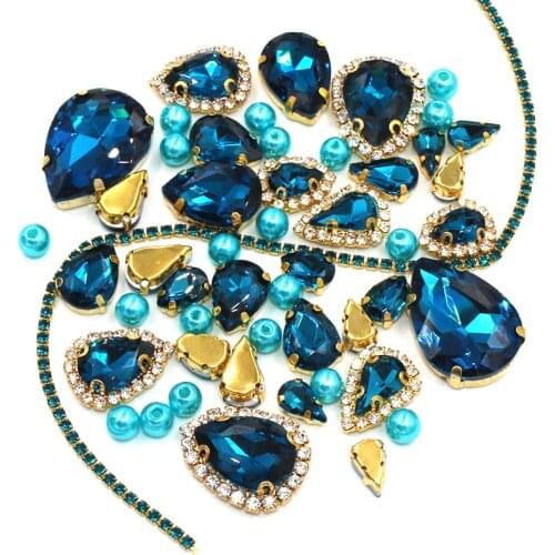 Wedding Decoration gold base Peacock blue Mix size Glass Crystal Stones Pearl Beads Cup Chain Rim Rhinestones Sew On Clothing