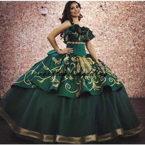 Green Mexican Quinceanera Dresses Gold Appliques Prom Gowns Beads Tulle Skirt Corset Back Pageant Party Dress