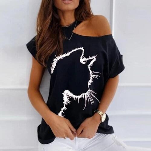 Plus Size S-4XL Sexy Women Summer Cats Print T-Shirts One Shoulder Design Short Sleeve Slim Pullovers Top for Streetwear