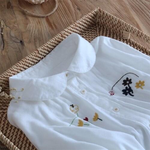 Japan Style Mori Girl Cotton Women Blouse Peter Pan Collar Embroidery Literary Loose Long Sleeve White Shirt