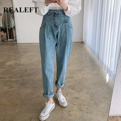 REALEFT Summer 2021 New Classic Womens Jeans Mid Waist Blue Denim Harem Pants Retro Washed Streetwear Straight Trousers Female