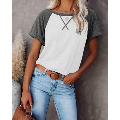 Womens Fashion Casual Color Matching Short-Sleeve Raglan Round Neck T-Shirt Tops