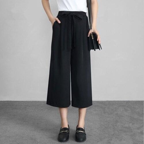 2020 Women Pants New Fahsion Black Chiffon Calf-Length Pants Office Lady Suit Pants Plus Size Loose Slim Trousers Wide Leg Pant