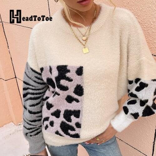 Leopard Colorblock Long Sleeve Sweaters Women Casual Knitted Tops