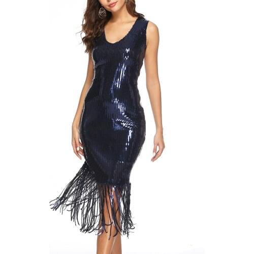 2021 New Bling Sequins Sleeveless Mid Length V Neck Elegant Prom Dresses Tassel Cocktail Robe De Soiree Slim Vestidos De Noche