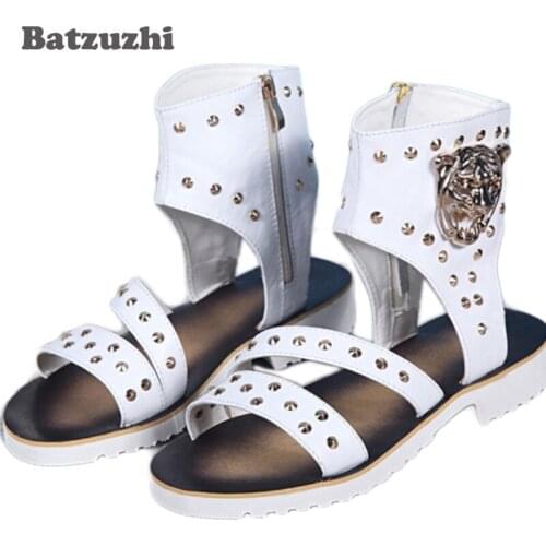 2018 Rome Fashion Men Shoes Summer Leather Sandals Shoes Punk Male Gladiator Sandalias Sapato Masculino Zip Rivets, US16