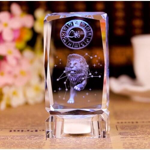 3D Zodiac Sign Star Crystal Cube Laser Engraved Glass Block Figurines Miniatures Craft Home Decor Birthday Gift Ornament