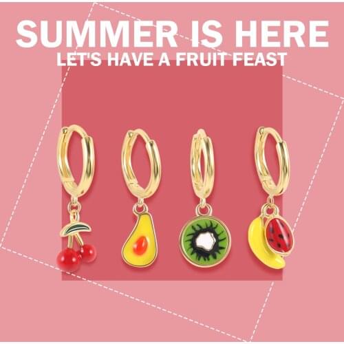 GS 925 Sterling Silver Colored Enamel Fruit Pendant Dangle Earrings Summer Collection Strawberry Avocado Cherry Charm Earrings