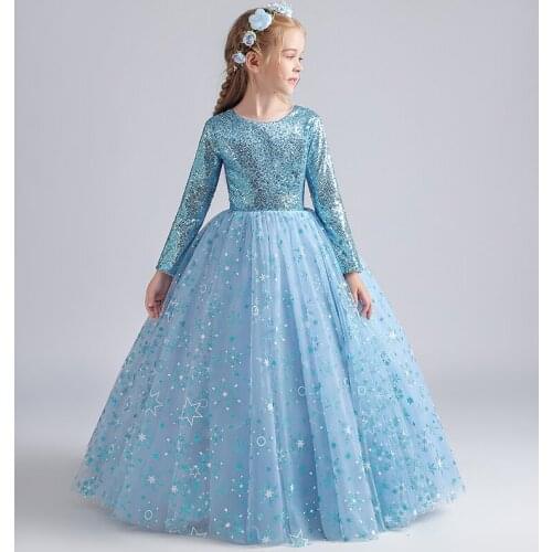 Flower Girl Dresses Illusion Full Princess Sequined O-Neck Ball Gown Embroidery Luxury Ice Blue Tulle Lace Kids Party Skirt H085