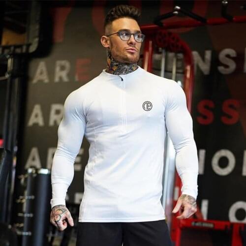 Mens gyms T-shirt fitness bodybuilding fashion sports shirt Slim cotton shirt mens Long-sleeved sports casual T-shirt