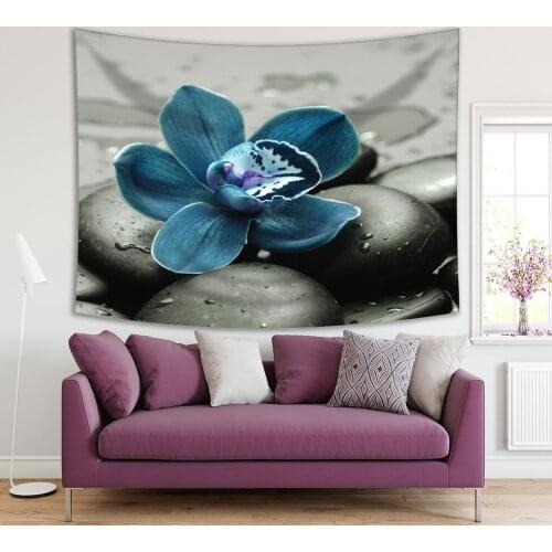 Tapestry Orchid on Spa Stones Waterdrops Exotic Relaxing Theme Nature Photo Blue Gray Black