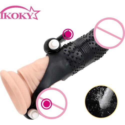 IKOKY Ejaculation Delay Cock Sleeve G spot Stimulator Vibrator Penis Vibrating Ring Dick Enlargement Extender Strap On