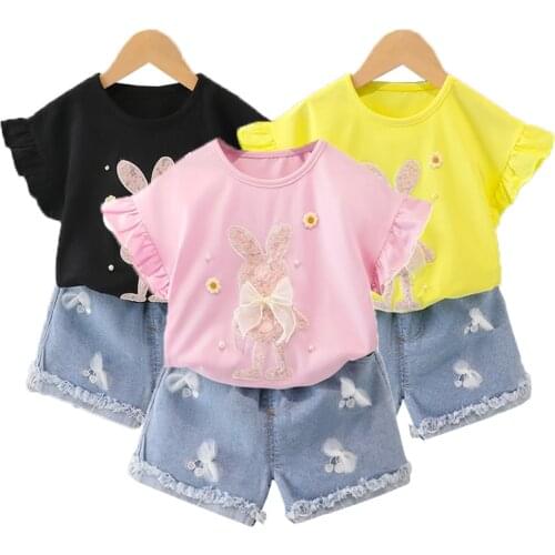 2021 New Girls Clothing Set Short Sleeve Summer Cotton Rabbit T-shirt+Pants 2Pcs Suit Toddler Childrens Clothes 1 2 3 4 Years