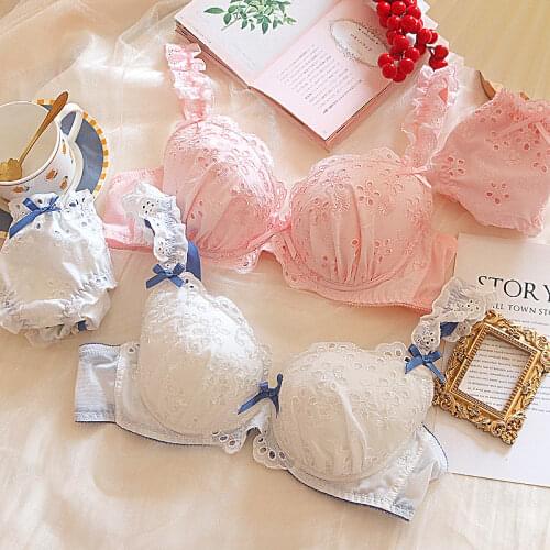Classic Lolita Cute Push Up Bra and Panty Underwear Women Set Ethika White Pink Underwire Plus Size Lingerie Femme Bralette Set