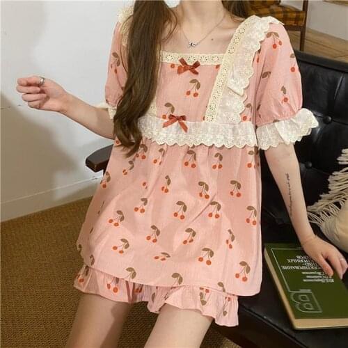 Lace Pajamas Set Women Sexy Pure Cotton Pyjamas Short Sleeve Shorts 2Piece/Set Homewear Student 2020 Fashion Sleepwear