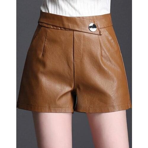 Fall Winter Fashion Woman High Waisted Pu Leather Black Brown Shorts , Autumn 2018 New Female Woman 3xl 4xl Wide Leg Shorts