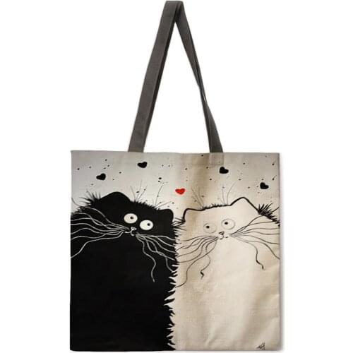 Tote Bag Black and White Cat Linen Fabric Casual Foldable Shopping Bag Reusable Beach Bag Ladies Shoulder Bag