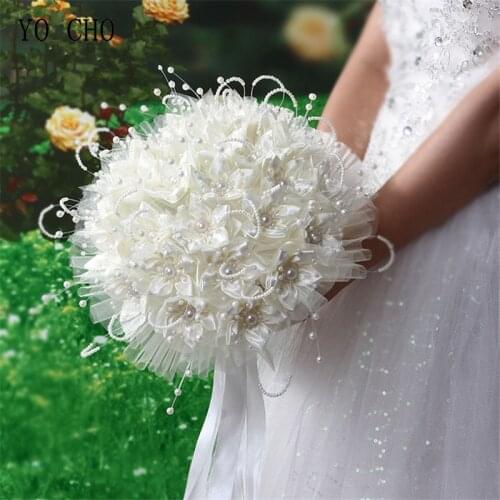 YO CHO Special Designed White Pearl Wedding Flower Bouquets Artificial Flower Bouquets for Porposal Anniversary