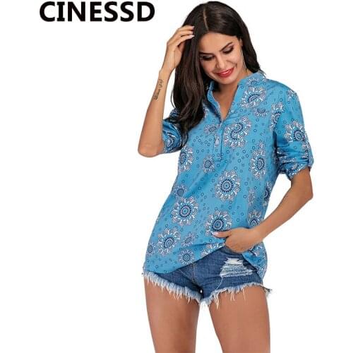 CINESSD V Neck Women Print Casual Blouse Blue Long Sleeves Pullover Tunic Tops Loose Button Pocket Tee Shirts Office Lady Blouse