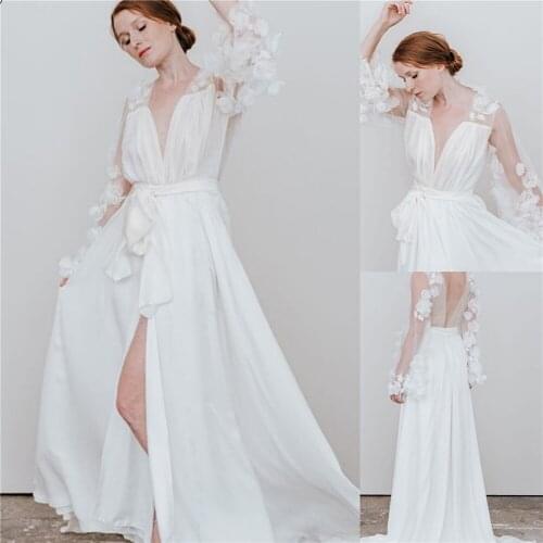 Floral Appliques Sleepwear with Sash Women Winter Bathrob Comfortable One Piece Nightgown Robe De Mariée
