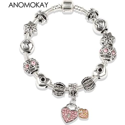 2019 Newest Vintage Silver Plated Love Heart Charm Bracelets for Women DIY Crystal Beads Fine Bracelet & Bangle Jewelry Gift