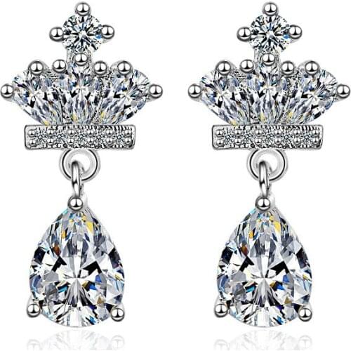 Luxury Shiny Cubic Zirconia Crown 925 Sterling Silver Female Stud Earrings Jewelry Wholesale Gift Anti Allergy Students Cheap