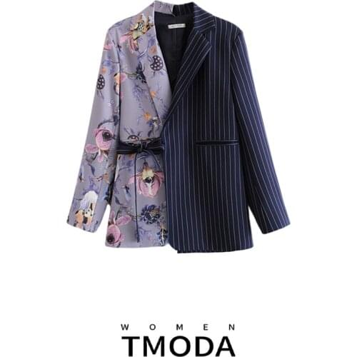 TMODA699 Women 2021 Fashion Office Wear Floral Print Patchwork Blazer Coat Vintage Pockets With Belt Female Outerwear Chic Tops