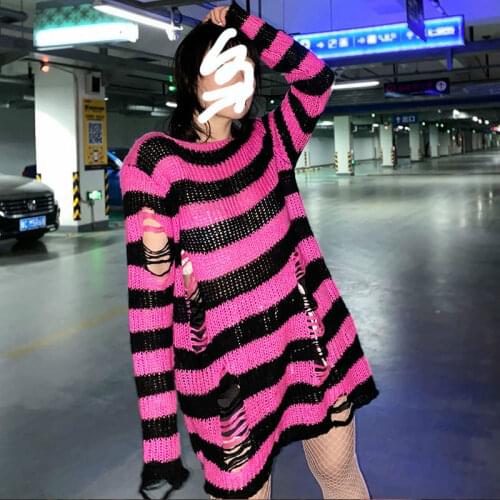 Women Striped Sweater Gothic Punk Knitted Jumper Loose Hollow Out Long Pullover Harajuku Long Sleeve Streetwear Top Female 2021