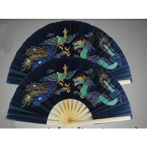 1pair/2pcs tai chi plastic double hand wushu martial arts dragon&phoenix fan kung fu peony fans