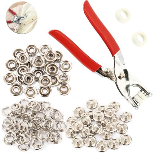 100 pcs 9.5mm Metal Prong Snap Buttons Fasteners Press Studs Poppers Baby Romper Buckle Snap+1pc Plier Tool