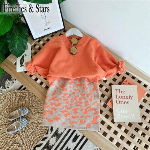 Spring Autumn girls 2 pcs set baby sweater +skirt kids suit children fashion clothes lantern sleeve leopard orange 3 to 12 yrs