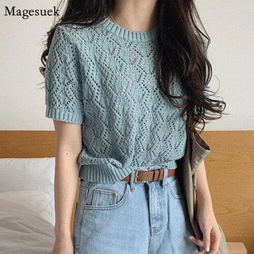 2021 Summer Solid Blouse Women Short Sleeve Hollow Out Knitted Casual Tops Blouses Ladies O Neck Thin Loose Female Shirts 8788