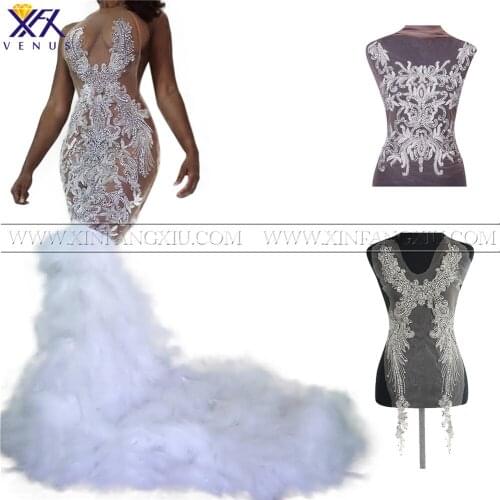 XINFANGXIU Pure Handmade Dress Applique Rhinestones Embroidery Patch Beaded Applique Beads Fabric Patch DIY Handcraft Apparel