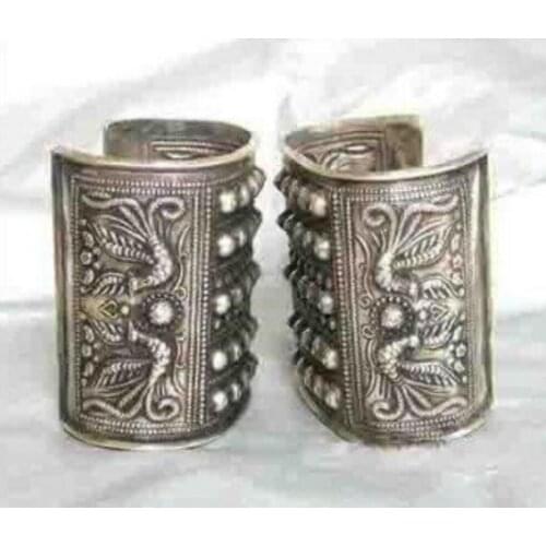 Free Shipping Asian China Handcrafted Superb Jewelry flower carved phoenix tibetan miao silver two bracelet Bangle