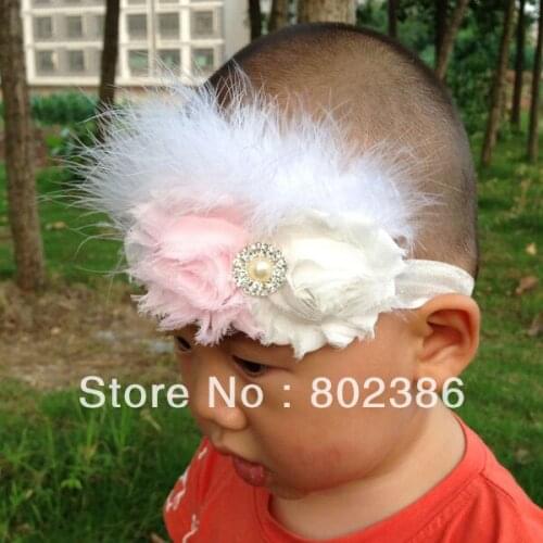 Free shipping White Pink Feather Shabby Chic Rosette Headband