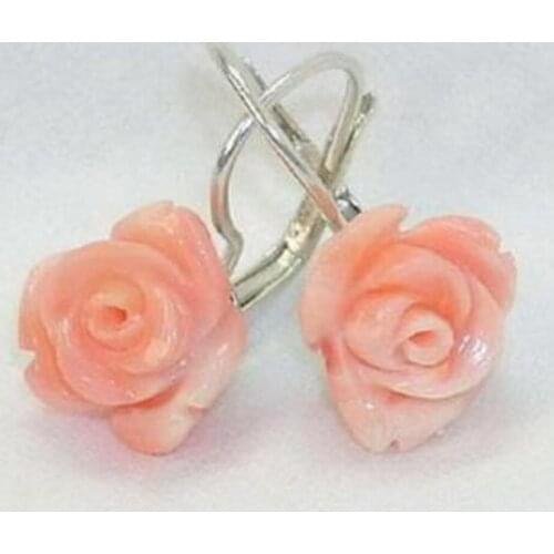 Free shipping unique ladys hot Pink Coral Rose Flower 12mm Hook Earrings Natural stone bread Earing silver big earrings