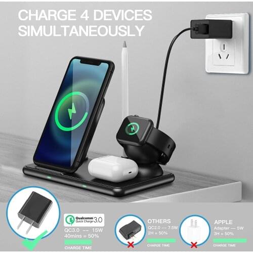15w Wireless Charging Dock Stand For iPhone 12 11 XS MAX XR 8 Plus Airpods Pro Apple Watch 6 5 4 3 Fast Wireless Charger Station