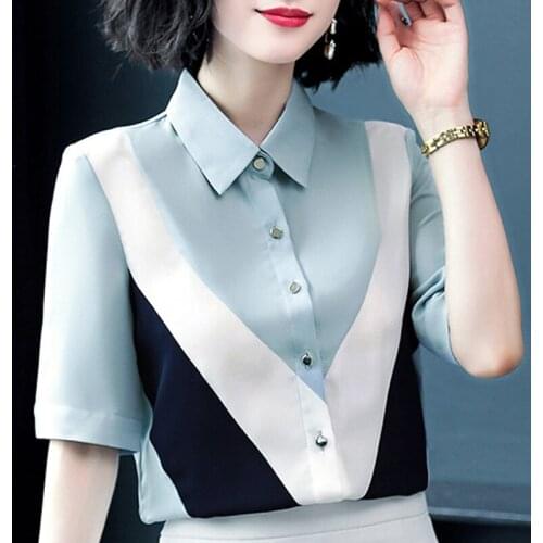 Blusas Mujer De Moda 2021 Summer Blouse Women Short Sleeve Chiffon Blouse Shirt Turn Down Collar Office Blouse Ladies Tops D26