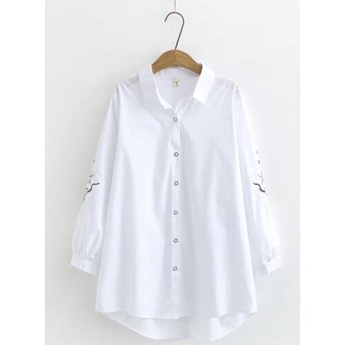 Plus Size XL-4XL Womens White Blouse Floral Embroidery Vintage Tops Spring Summer Long Sleeved Workwear Blusas