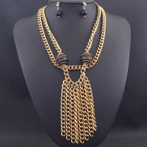 45CM Long Chains Sweater Drop Necklace & Stud Earrings Gold Color Fashion Stainless Steel Jewelry Sets For Women Jewels Store
