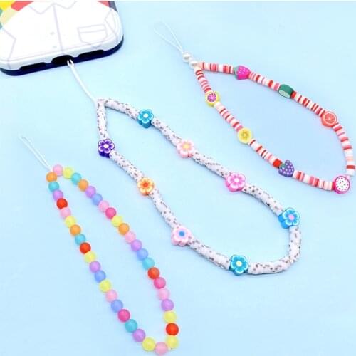 Colorful Soft Pottery Fruit Beads Chain Lanyard Strap Cord for Mobile Phone Anti-lost Chain for Women Cellphone Accessories