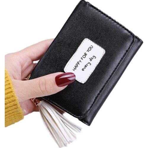 10PCS / LOT Short Wallets Tassel 3 Folds Letter Student Leather Wallet Holder Card Money Bag Girls Cute Small Coin Purse