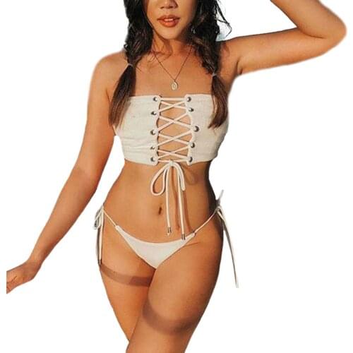 Sexy Womens Two Piece Bikini Suits 2021 Solid Color Bandage Tube Top and Hollow Straps Low Waist Thong Split Set Biquini