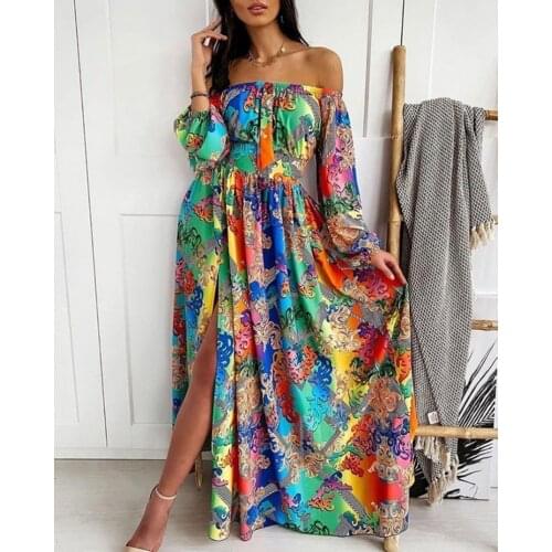 African Dresses For Women 2021 New Off Shoulder Long Sleeve Vintage Print Dress Women Sexy High Slit Elegant Evening Gown