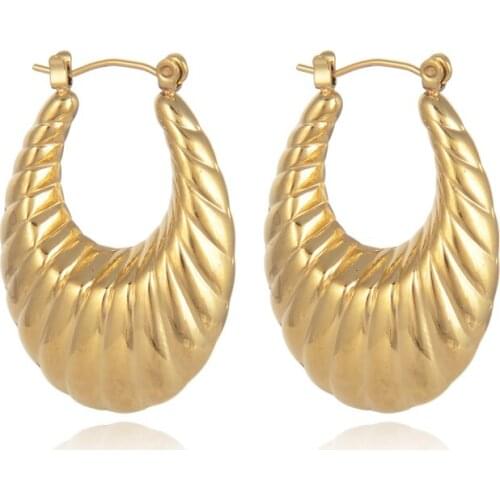 2021 Summer New Exaggerate Female Stylish Hollow Oval Round Texture Croissant Hoop Earrings Stainless Steel Plating Gold Hoops