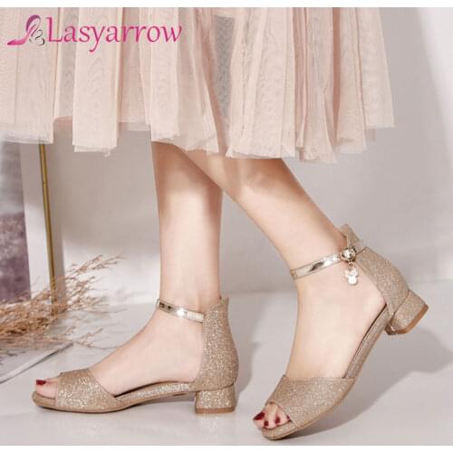 Lasyarrow Summer Gladiator Sandals Women Shoes Woman Sexy Gold Sliver Low Heels Ankle Strap Thick Heeled Peep Toe Sandals