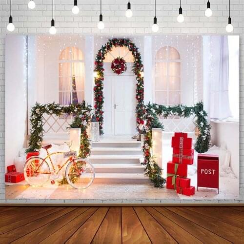 Winter Christmas Backdrop Wreath Gift Bike White Door Window Xmas Baby Photography Background Photo Studio Photozone Decor Props