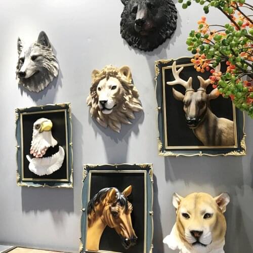 American Resin Simulation Animal Head Wall Hanging Wolf Head Lion Head Statue Mural Wall Decoration Bar Pendant Decor Ornaments