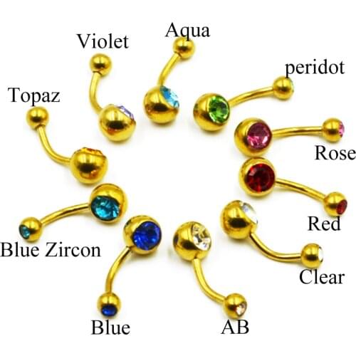 10pc Gold Titanium Anodized Mixed Color CZ Crystal Double Gem Steel Belly Button Ring Navel Stud Body Piercing Jewelry 14g