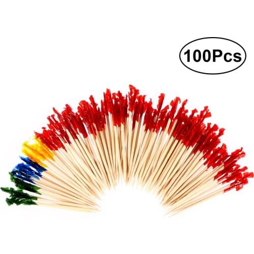 100pcs Bamboo Food Picks Buffet Cupcake Fruit Fork Party Cake Dessert Salad Vegetable Sticks Cocktail Toothpick (Random colour)